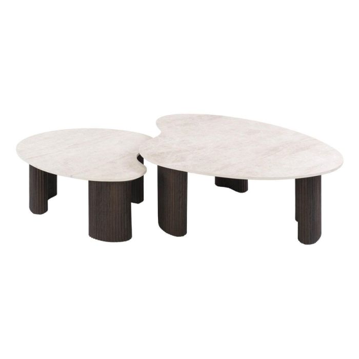 Salontafel Ceramo Aperto set van twee organische tafels met lichte bladen en donkerbruine onderstellen