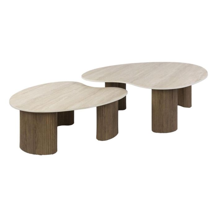 Salontafelset Ceramo Aperto met twee organisch gevormde bladen in travertinlook en houtlook onderstellen op witte achtergrond