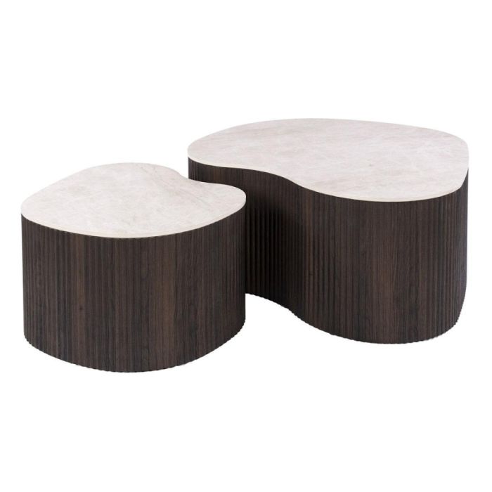 Salontafelset Ceramo Medio met twee organische tafels, Taj Mahal-look bladen en donkerbruin wave-profiel