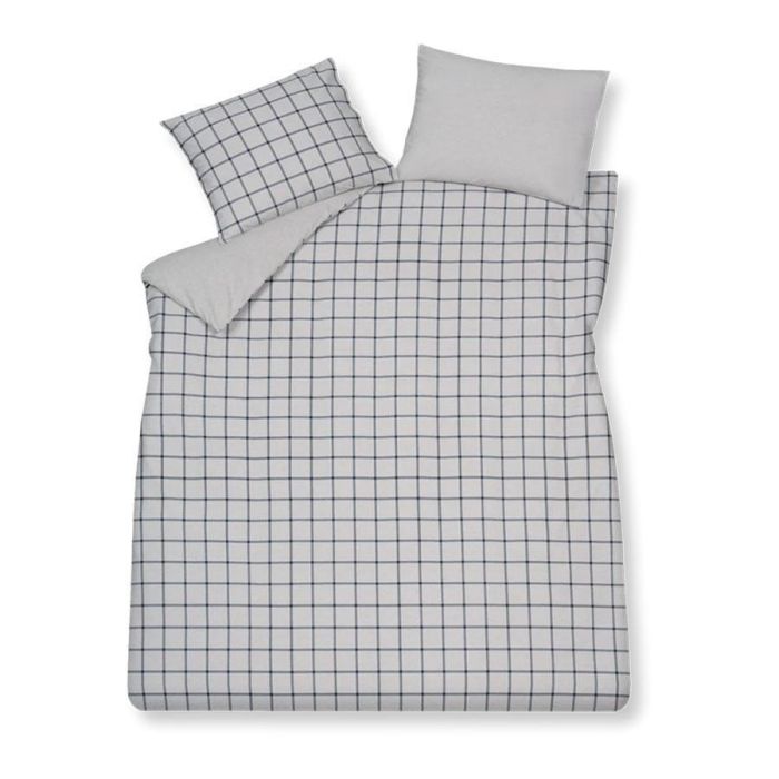 Dekbedovertrek Flanel Dundee Blue Ink met blauw ruitdessin op grijs mêlée katoenflanel en effen achterzijde.