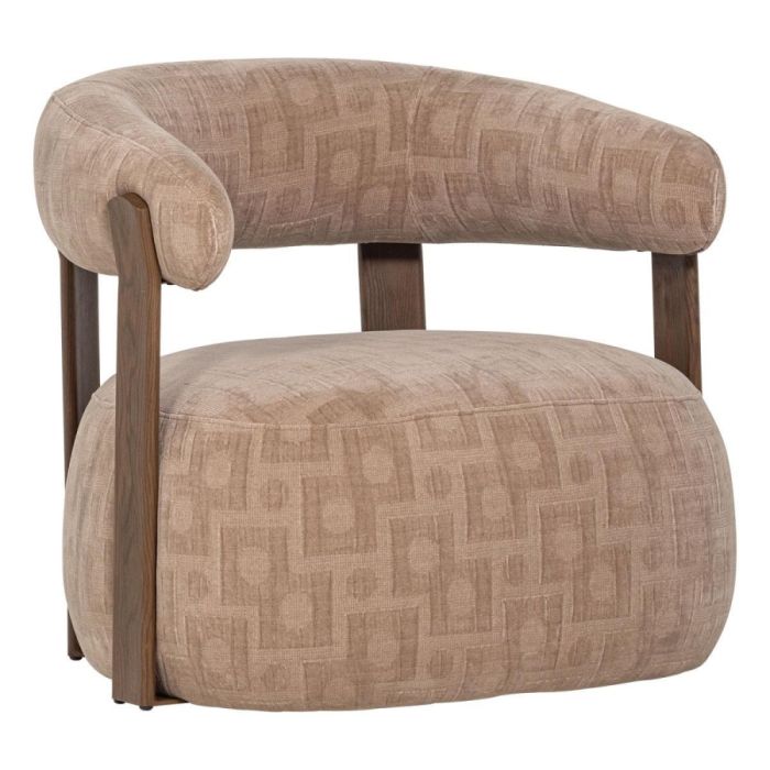 WOOOD Foon fauteuil in zandkleurige structuurstof met rond ontwerp en houten frame
