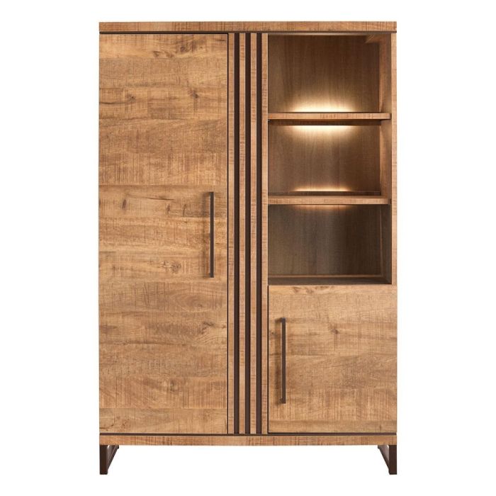INHOUSE Wandkast Giantina in mango decor met twee deuren, drie open vakken met LED-verlichting en metalen poten.
