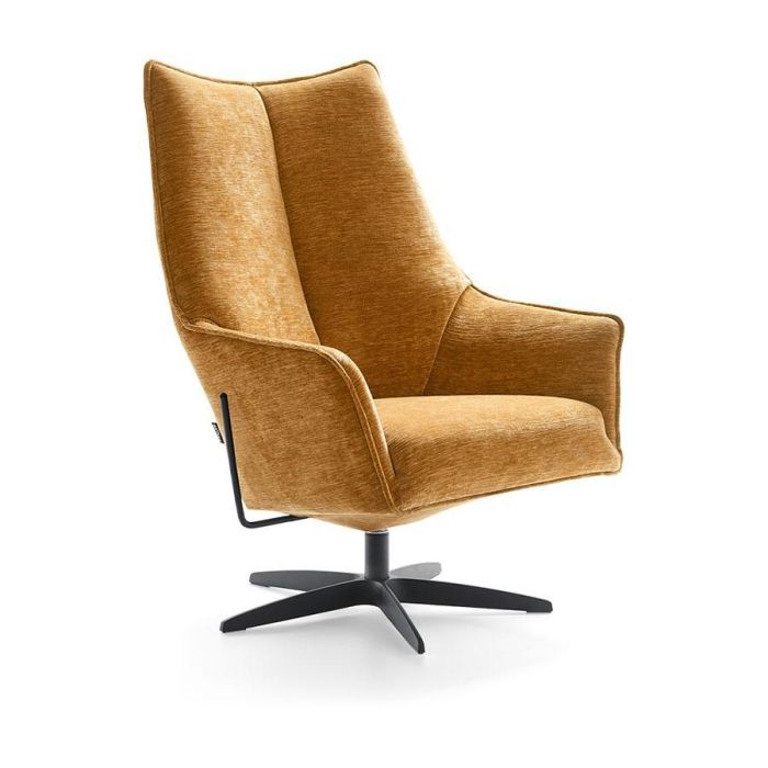 Draaifauteuil Maddington in mosterdgele weefstof met hoge rugleuning, zwarte metalen draaivoet en comfortabele armleuningen.