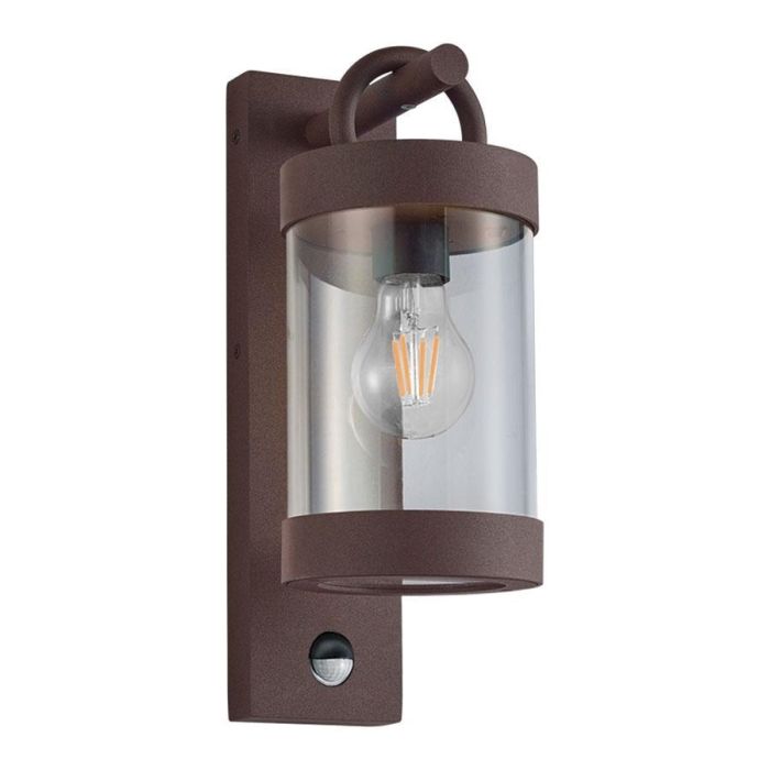 Roestkleurige Sambesi buitenwandlamp met bewegingssensor en cilindervormige glazen kap.