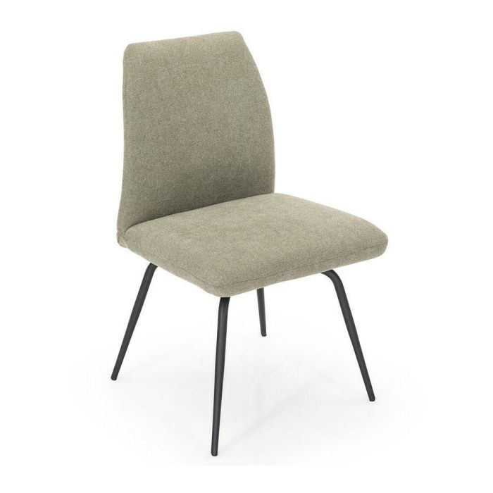Pedro eetkamerstoel in lichtgroene stof met ergonomische rugleuning en zwarte metalen poten.