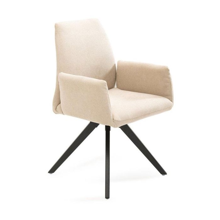Porto eetkamerstoel met armleuningen in beige stof en zwart metalen spinpoot onderstel.