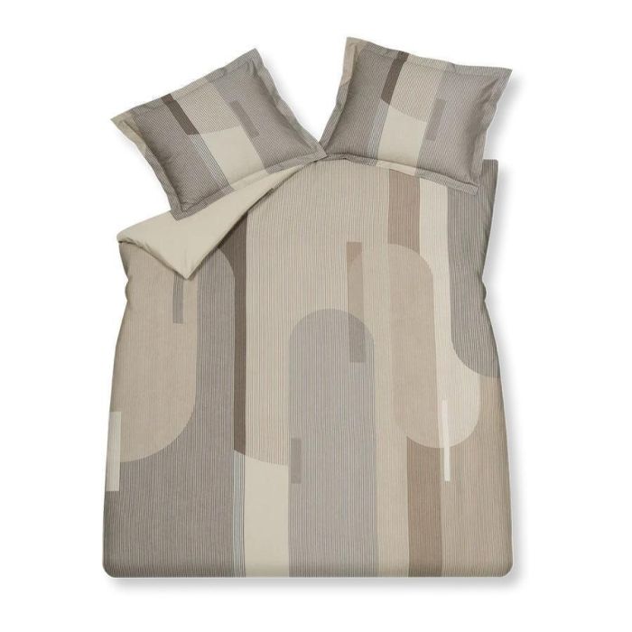 Dekbedovertrek Shaping linen met grafisch dessin van strepen en ronde vormen in beige- en bruintinten.