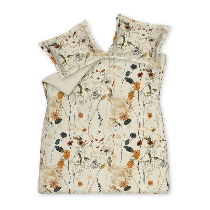 Dekbedovertrek Ivory Bliss Cream Tan met bloemenprint in beige, groen en warme oranje tinten inclusief kussenslopen met oxford rand.
