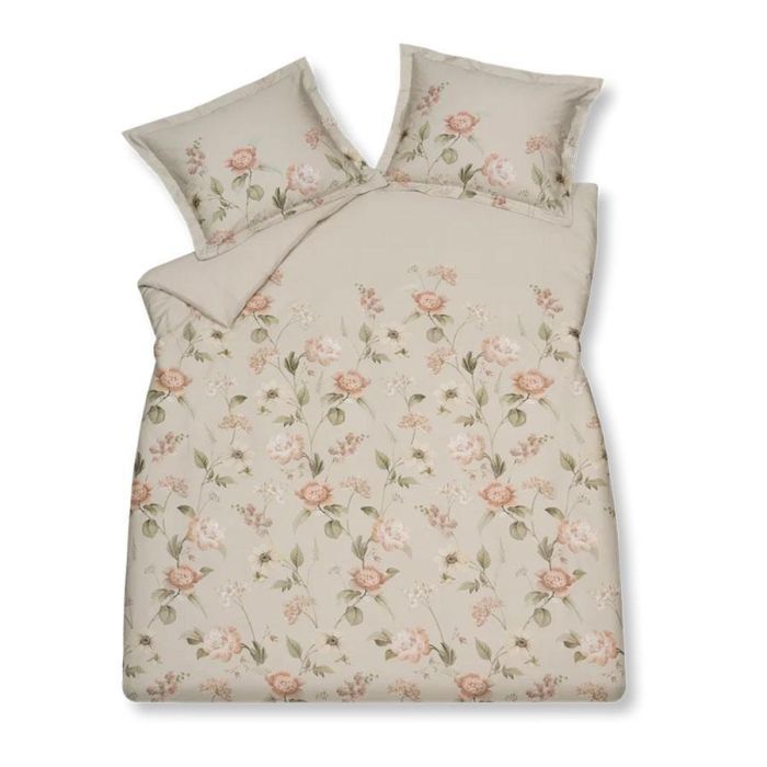 Dekbedovertrek Rosewood Charm linen met bloemenprint in zachte roze, beige en groene tinten inclusief kussenslopen met oxford rand.