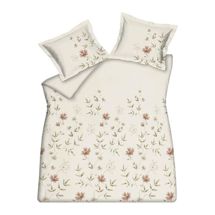 Dekbedovertrek Fleurine Cream Tan van katoensatijn met roze bloemen, groene bladeren en bijpassende oxford kussenslopen.
