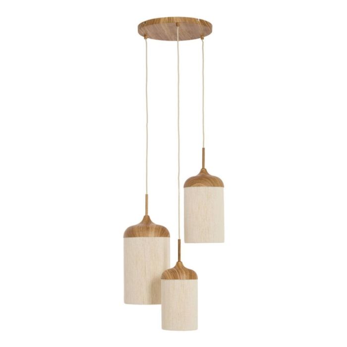 Light & Living hanglamp Dania met drie cilindervormige lampenkappen van naturel hout en crèmekleurig touw aan ronde plafondplaat.