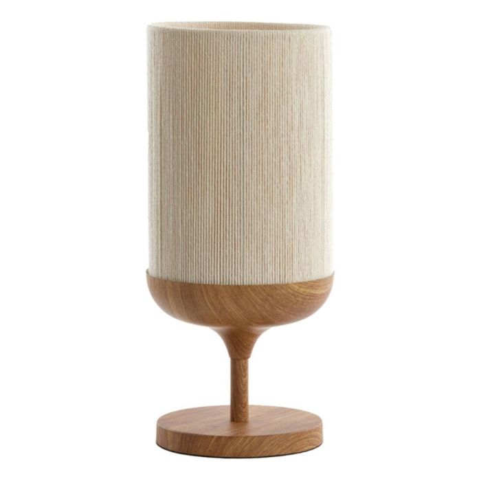 Light & Living tafellamp Dania met houtlook voet en cilindervormige kap van crèmekleurig katoenen touw op witte achtergrond.