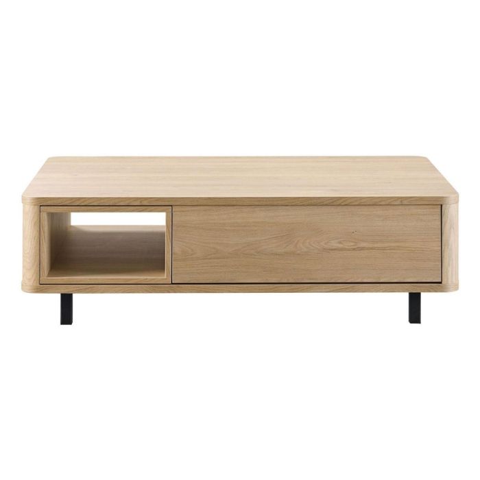 Pronto Wonen salontafel Lirona in old oak met open vak, brede lade en zwarte metalen poten op witte achtergrond.