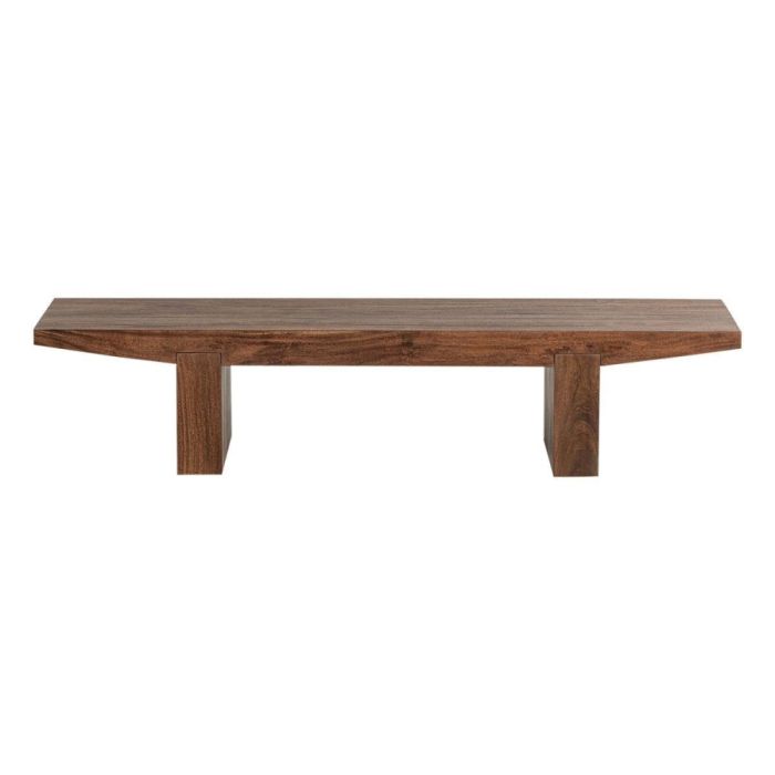 WOOOD salontafel Eron van bruin acaciahout met dik rechthoekig tafelblad en twee brede massieve poten op witte achtergrond.