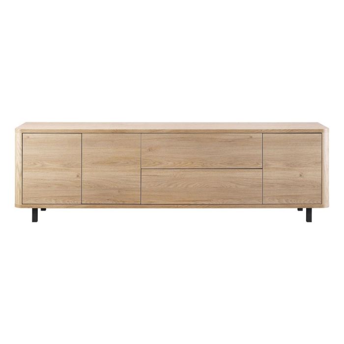 TV-kast Lirona 187 cm in old oak met afgeronde hoeken en zwarte metalen poten.