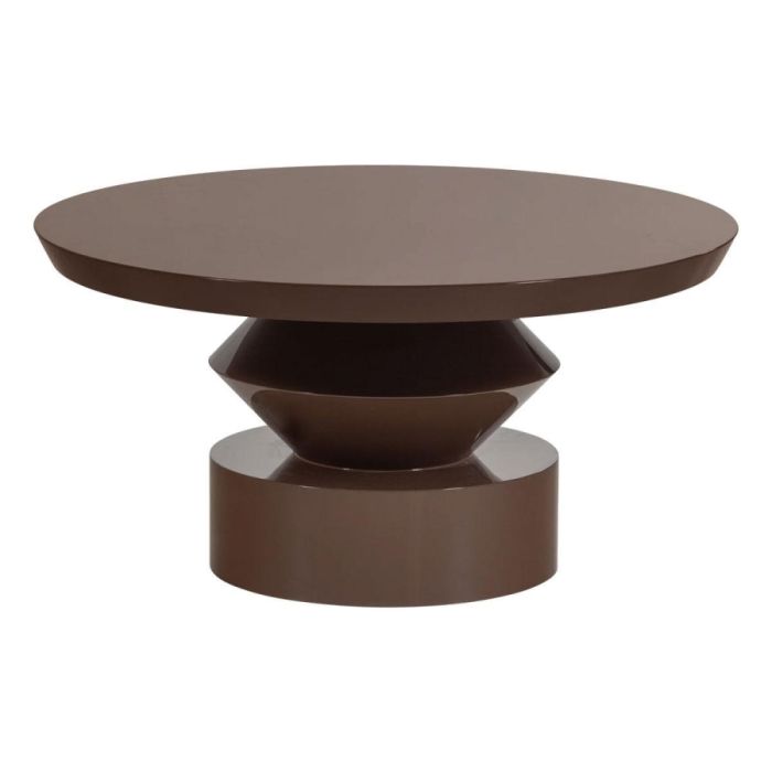 WOOOD Auren salontafel in hoogglans bruin met rond blad en sculpturaal onderstel.