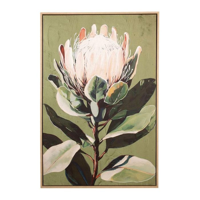 Wandschilderij met wit-roze bloem, groene bladeren en houten lijst.