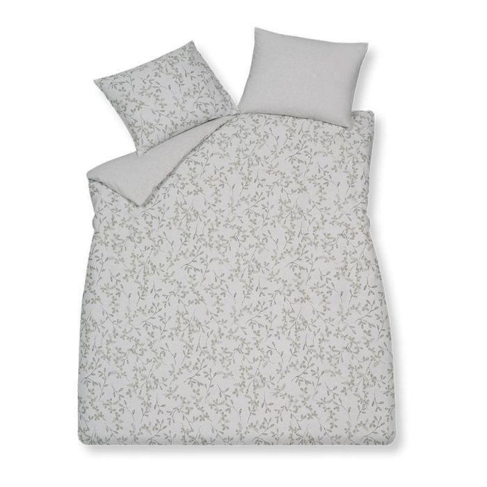 Dekbedovertrekset Flanel Livingston in thyme met subtiele bladerenprint in groentinten op een grijs mêlé achtergrond.