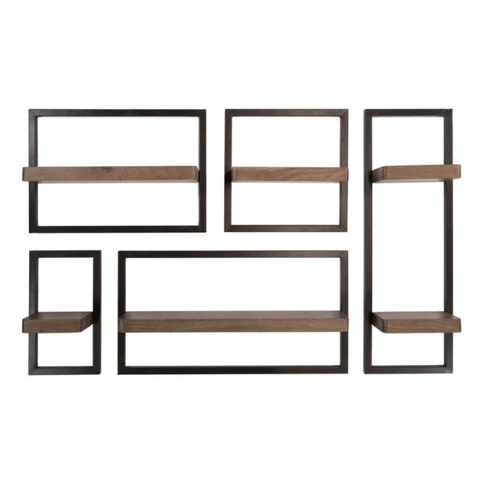 Wandschap Carve set van 5 met acaciahouten planken en bronzen metalen frames