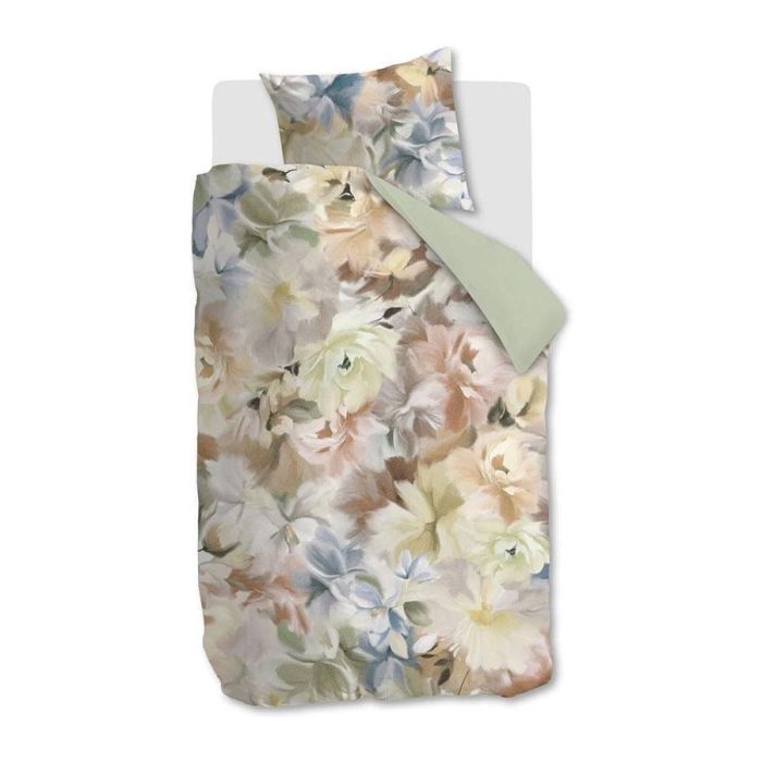Dekbedovertrek Whita met bloemenprint in pastelkleuren en effen lichtgroene achterzijde.