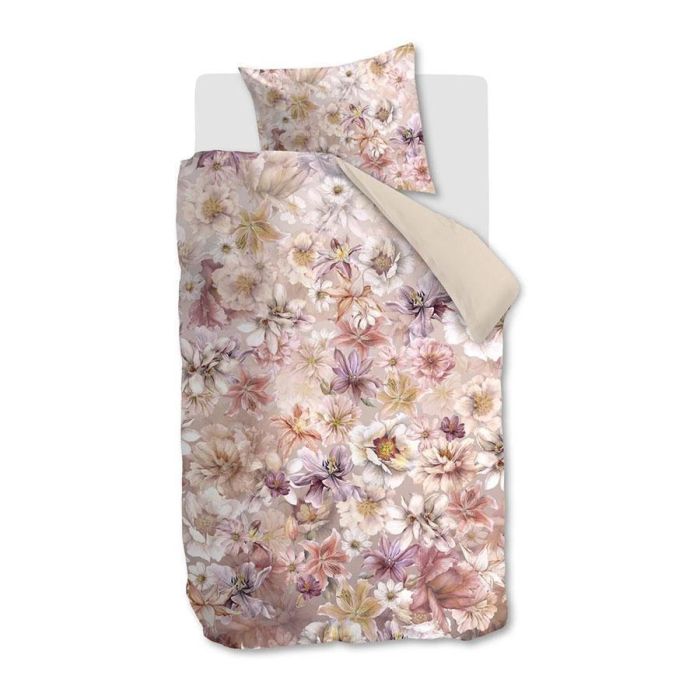 Dekbedovertrek Vario Florum van Kardol met bloemenprint in roze-, lila- en crèmetinten en effen beige achterzijde.