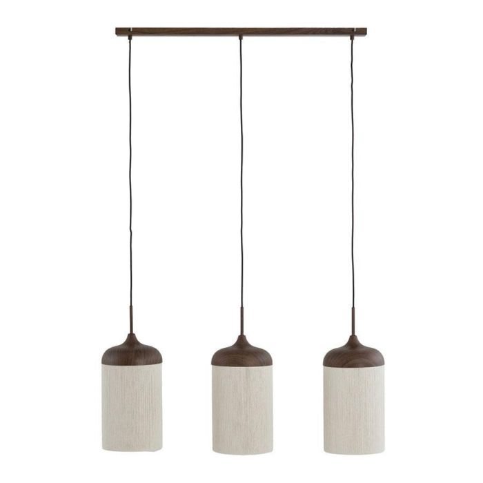 3-lichts hanglamp Skye met beige cilindervormige lampenkappen en bruine plafondkap met houtlook.