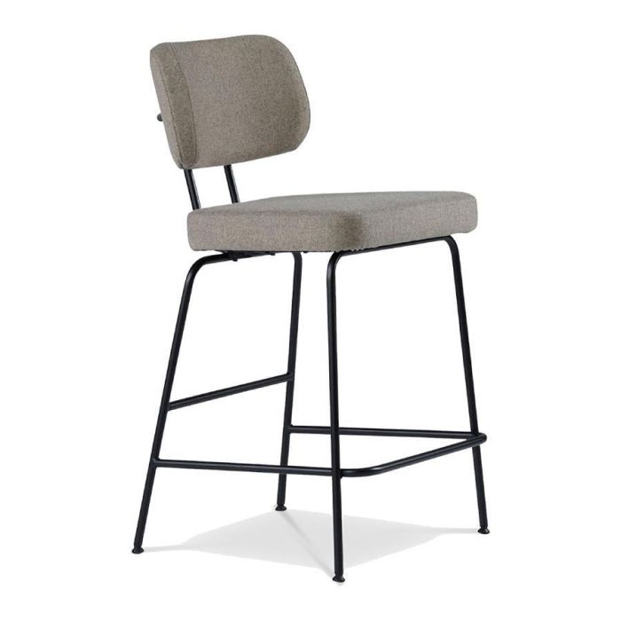 Dyyk barkruk Ted met beige stoffen zitting, afgeronde rugleuning en zwart metalen onderstel.