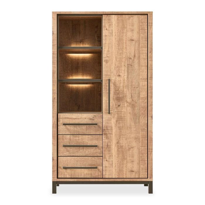 Bergkast Calisa van Profijt Meubel in mango decor met drie laden, drie verlichte open vakken en grote kastdeur