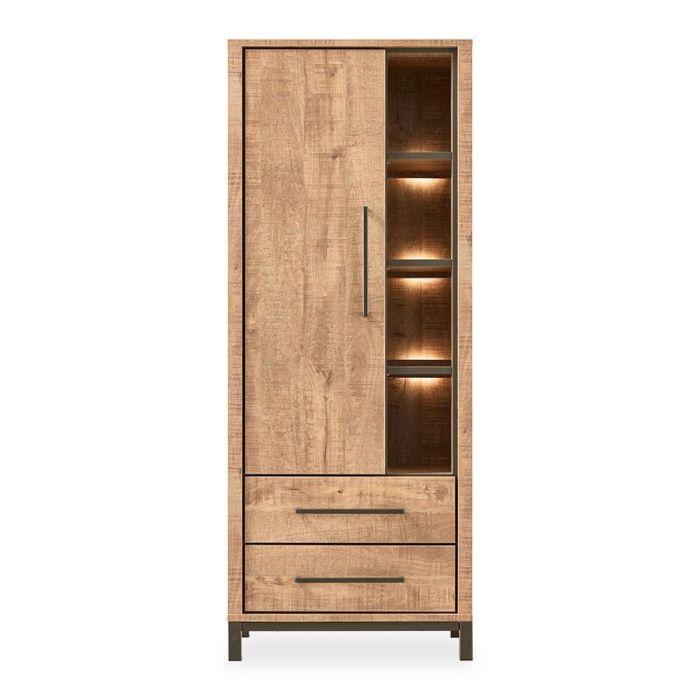 Wandkast Calisa van Profijt Meubel in mango decor met één deur, twee laden, vier open vakken en ingebouwde verlichting