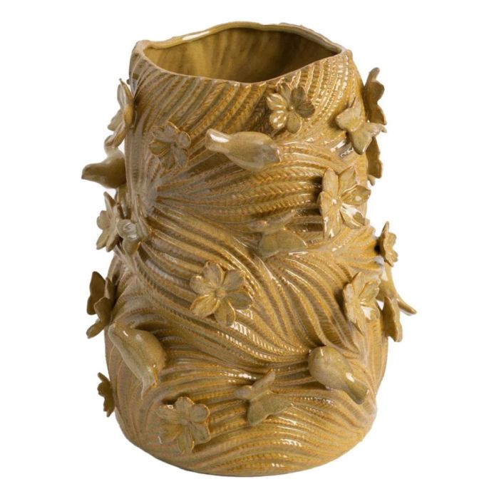 COCOmaison Greenbird vaas 31 cm met reliëf van bloemen, vogels en golvende lijnen.