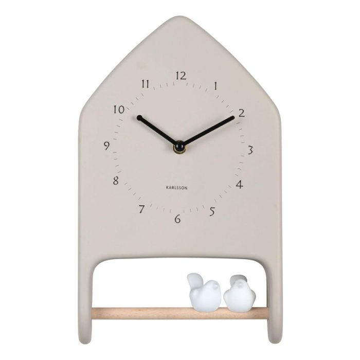 Karlsson wandklok Love Birds in warm grijs met twee witte vogeltjes op een houten zitstok.