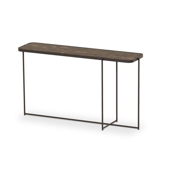Bijzettafel Piazza met asymmetrisch ontwerp, donker blad en slank metalen frame, geschikt als bijzettafel of sidetable.