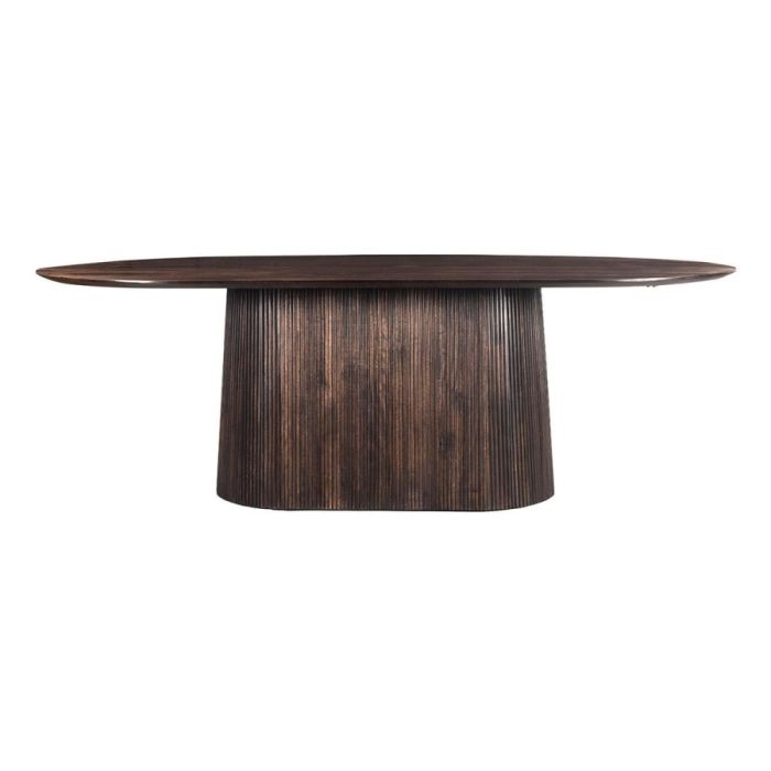 Eettafel Noria ovaal in walnootkleur met geribbelde middenpoot, zijaanzicht.