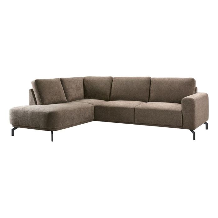 Pronto Wonen hoekbank Venetti links in stof Born Wenge met rond eiland en zwarte metalen poten.