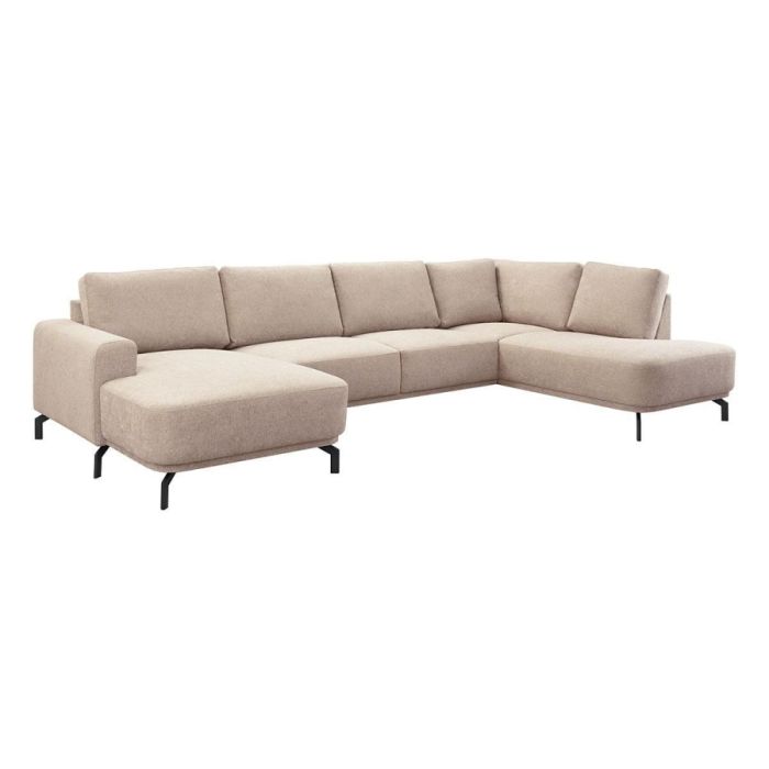 Pronto Wonen hoekbank Venetti in stof Born Liver met longchair links en rond eiland rechts.
