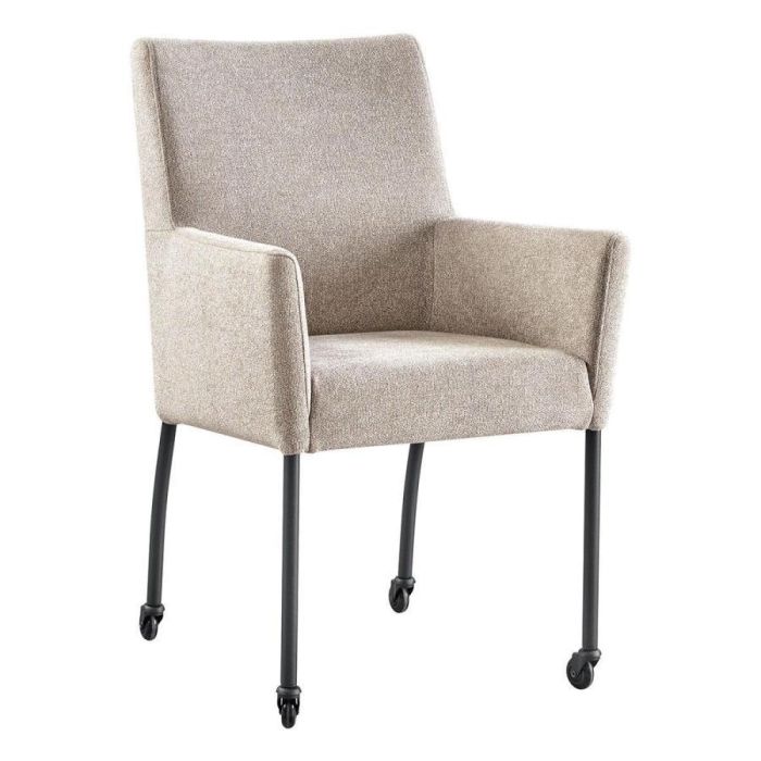 Pronto Wonen armstoel Cenare Grey met wielen in grijze stof en zwarte metalen poten, vooraanzicht.