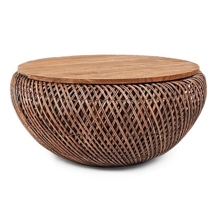 dBodhi Salontafel Wave bruin met rond teakhouten blad en handgevlochten rotan