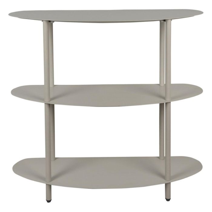 Warmgrijze Leitmotiv Riqueza kast met drie afgeronde legplanken en slanke metalen staanders.