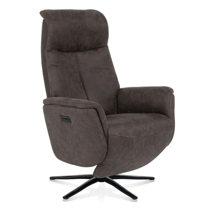 Elektrisch verstelbare Henders & Hazel relaxfauteuil Nocarini in lava stof met zwarte draaivoet, schuin van voren.