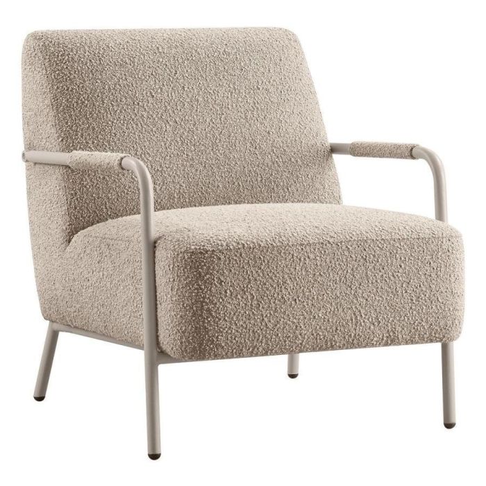 Lichte bouclé fauteuil Posano met stonegrey metalen frame, open armleuningen en royale comfortabele zitting.