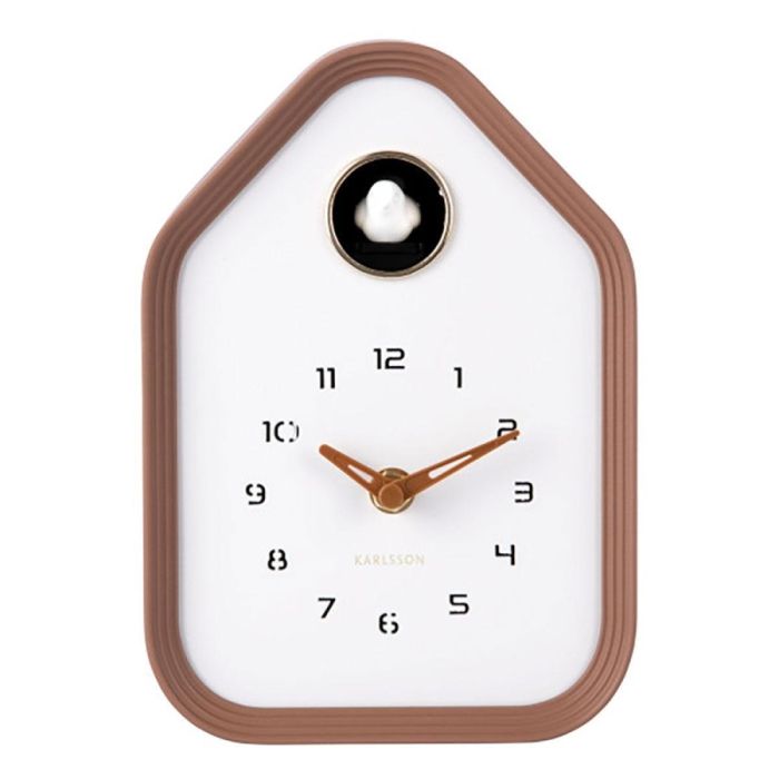 Karlsson Reina Cuckoo wand- en tafelklok in mocha brown met wit front, bruine wijzers, minimalistische cijfers en wit koekoeksvogeltje.