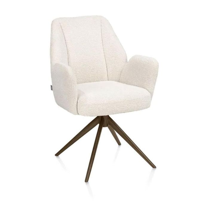 Armstoel Baya in crème stof Sevilla met armleuningen en steelbrown metalen draaionderstel