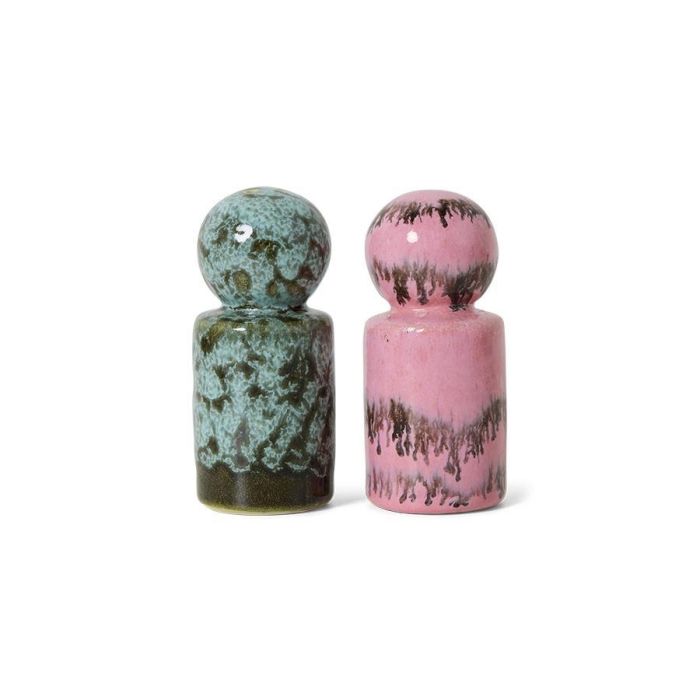 HKLIVING 70s Ceramics peper- en zoutstel Baroque met een blauwgroene en roze strooier met bolvormige bovenzijde
