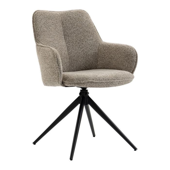 Vooraanzicht van taupekleurige armstoel Sawa van Profijt Meubel met verticale rugnaad en slank zwart vierpootsonderstel