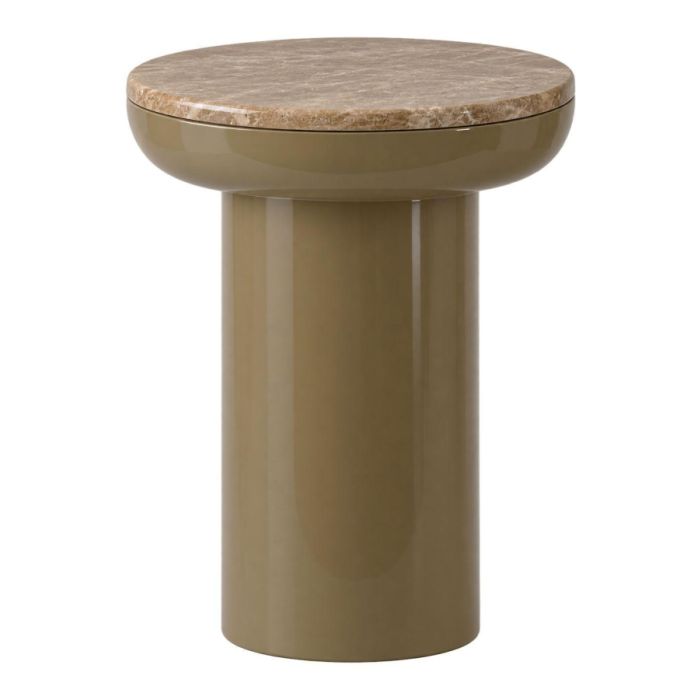 COCOmaison Maurits beige bijzettafel met rond marmerlook blad en hoogglans onderstel.