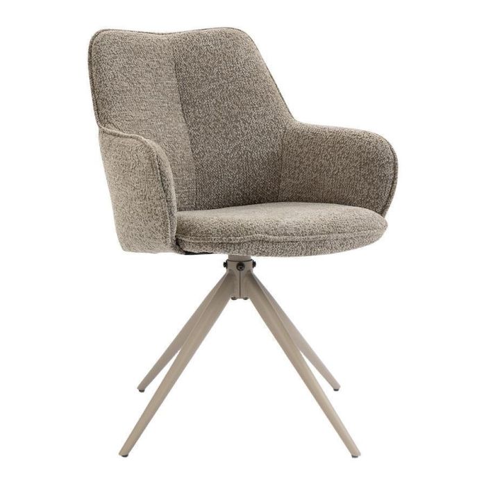 Vooraanzicht van taupekleurige armstoel Sawa van Profijt Meubel met verticale rugnaad en bijpassend taupe onderstel