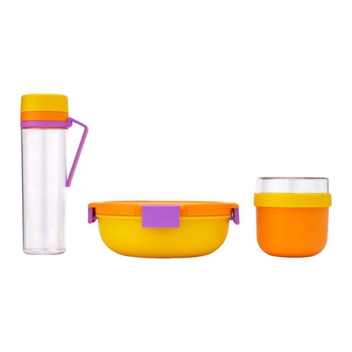 Brabantia Make & Take Geschenkset van Yinka Ilori met waterfles, salade-lunchbox en yoghurtbeker in geel, oranje en paars