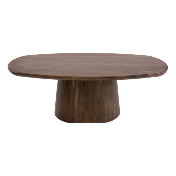 Bruine salontafel Central van massief acaciahout met organisch blad en ovale middenpoot.