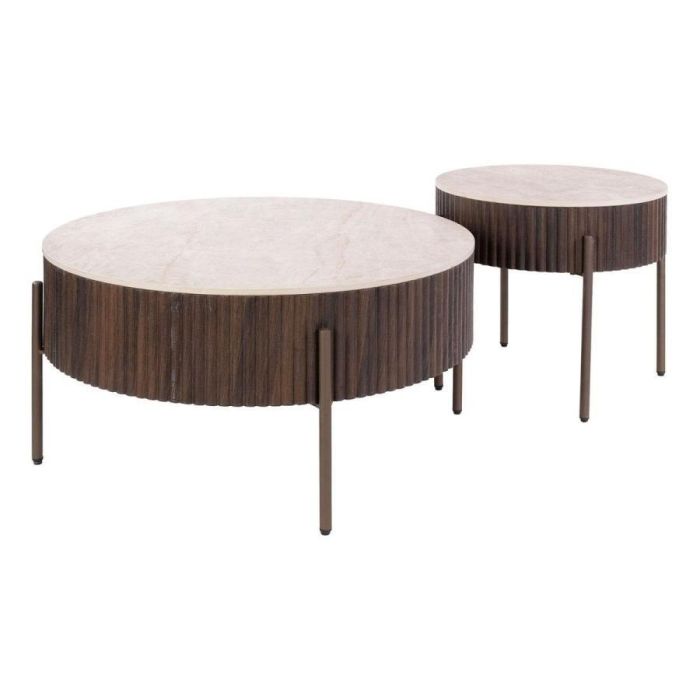Salontafel Ceramo set van 2 met ronde Taj Mahal keramieken bladen en donkerbruine onderstellen.