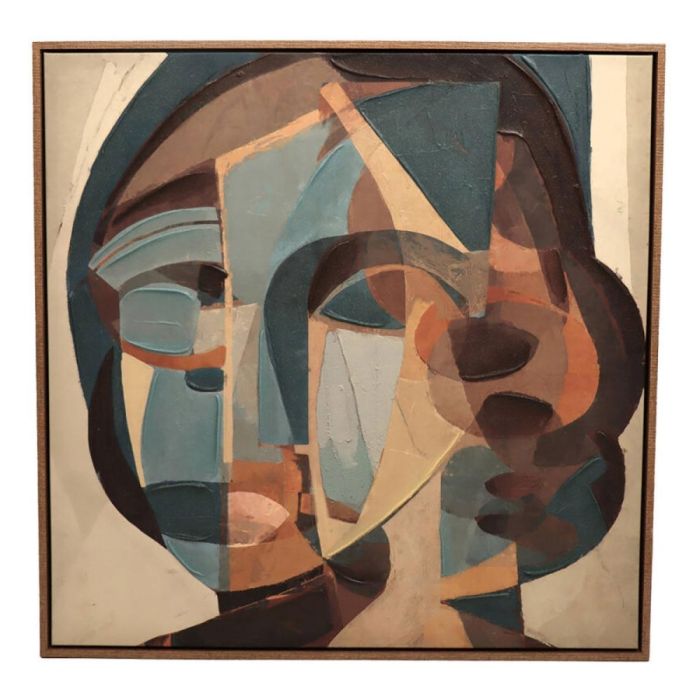 Kersten wandpaneel met abstract gezicht in blauw, bruin, beige en roesttinten.